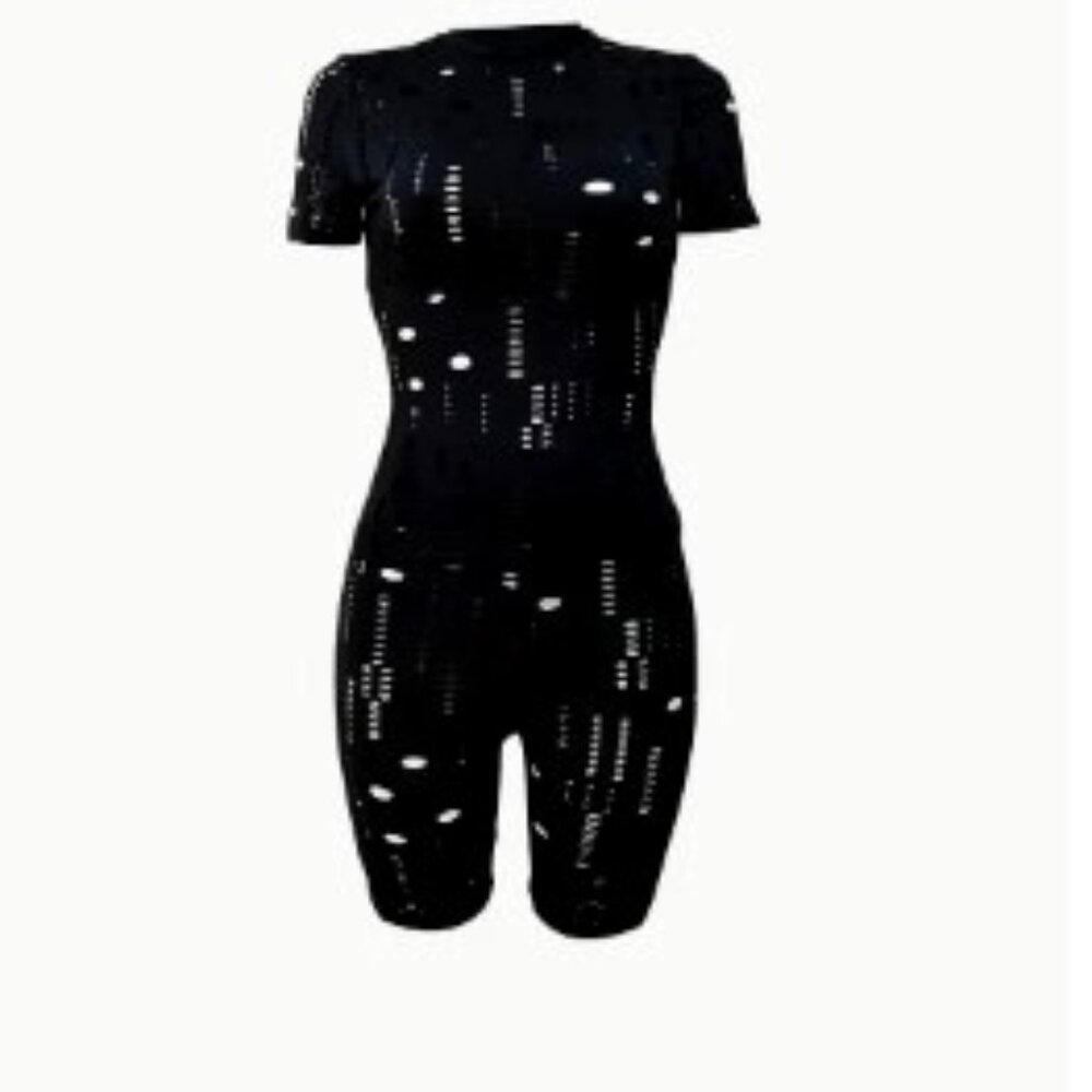 Mock Neck Ripped Short Set (Color: Black)